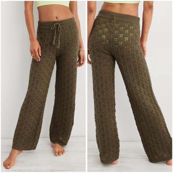 Aerie Washed Olive Green Crochet Knit Coverup Lounge Pants Size Medium - Picture 1 of 12